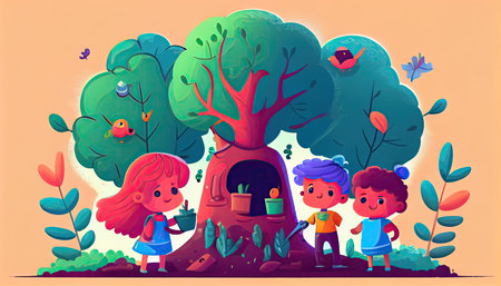 children help to plant trees and collect plasti Earth Day the importance of loving natureの写真素材