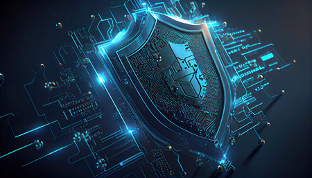 shield with a lock icon is displayed on a circuit board and network wireframe with binary code over...