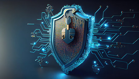 shield with a lock icon is displayed on a circuit board and network wireframe with binary code over a blue background in this abstract cyberartの写真素材