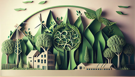 Green leaf image in the paper art style with trees, city building silhouettes, windmills, and solar panels. the preservation of ecology. a green energy idea Earth Day the importance of loving natureの素材