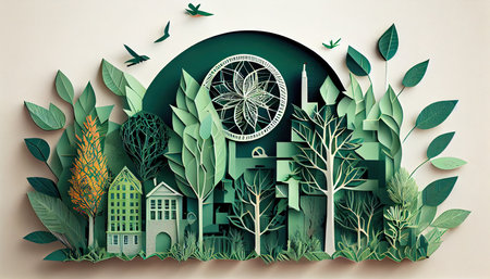 Green leaf image in the paper art style with trees, city building silhouettes, windmills, and solar panels. the preservation of ecology. a green energy idea Earth Day the importance of loving natureの素材