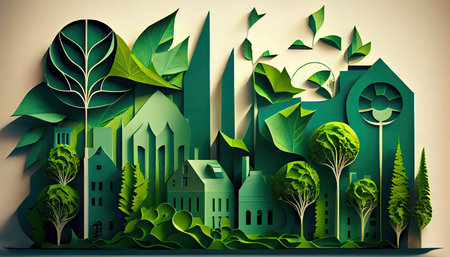 Green leaf image in the paper art style with trees, city building silhouettes, windmills, and solar panels. the preservation of ecology. a green energy idea Earth Day the importance of loving natureの素材