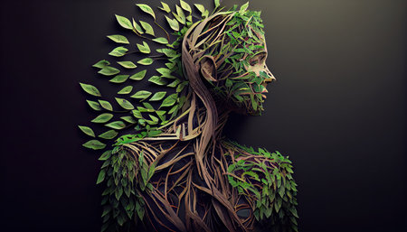 Human are made from tree branches with leaves, concept of Organic Form and Metaphor Earth Day the importance of loving natureの素材