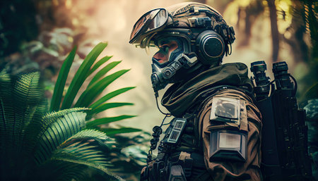 Private security service contractors the elite special unit full protective soldier holding assault rifle aiming at the target Memorial Day remembering the fallen soldiers around the worldの素材