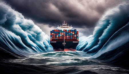 A loaded container cargo ship is seen in the front as it speeds over the ocean World Mariners Day 25 Juneの素材