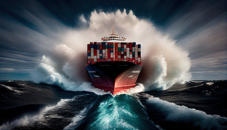 A loaded container cargo ship is seen in the front as it speeds over the ocean World Mariners Day 25 Juneの素材
