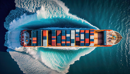 Aerial top image of a container ship traveling for export from a container international port to a bespoke ocean concept freight shipping forwarder with a contrail in the ocean World Mariners Day, 25 Juneの素材