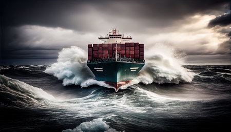 A loaded container cargo ship is seen in the front as it speeds over the ocean World Mariners Day 25 Juneの素材