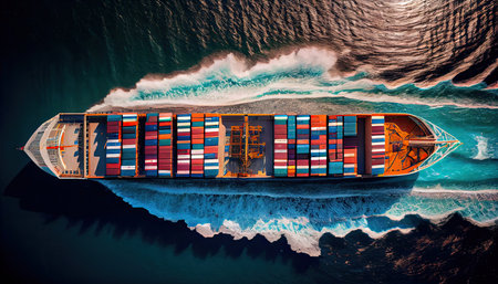 Aerial top image of a container ship traveling for export from a container international port to a bespoke ocean concept freight shipping forwarder with a contrail in the ocean World Mariners Day, 25 Juneの素材