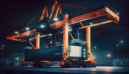 In the international terminal logistic depot sea port idea for freight shipping transportation and service, a smart crane is loading goods with a smart line and a smart wifi World Mariners Day 25 Juneの素材