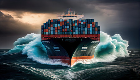 A loaded container cargo ship is seen in the front as it speeds over the ocean World Mariners Day 25 Juneの素材