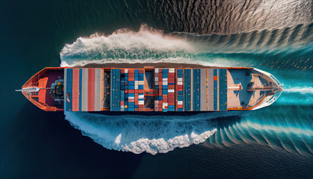 Aerial top image of a container ship traveling for export from a container international port to a bespoke ocean concept freight shipping forwarder with a contrail in the ocean World Mariners Day, 25 Juneの素材