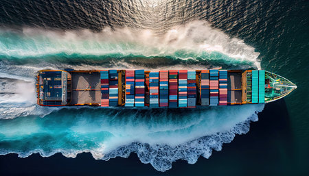 Aerial top image of a container ship traveling for export from a container international port to a bespoke ocean concept freight shipping forwarder with a contrail in the ocean World Mariners Day, 25 Juneの素材
