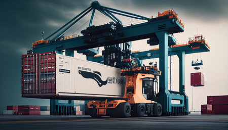 In the international terminal logistic depot sea port idea for freight shipping transportation and service, a smart crane is loading goods with a smart line and a smart wifi World Mariners Day 25 Juneの素材