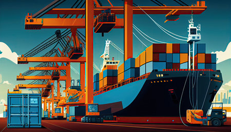 In the international terminal logistic depot sea port idea for freight shipping transportation and service, a smart crane is loading goods with a smart line and a smart wifi World Mariners Day 25 Juneの素材