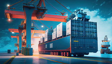 In the international terminal logistic depot sea port idea for freight shipping transportation and service, a smart crane is loading goods with a smart line and a smart wifi World Mariners Day 25 Juneの素材