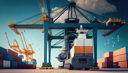 In the international terminal logistic depot sea port idea for freight shipping transportation and service, a smart crane is loading goods with a smart line and a smart wifi World Mariners Day 25 Juneの素材