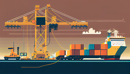 In the international terminal logistic depot sea port idea for freight shipping transportation and service, a smart crane is loading goods with a smart line and a smart wifi World Mariners Day 25 Juneの素材