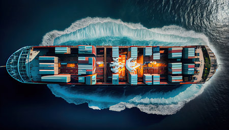 Aerial top image of a container ship traveling for export from a container international port to a bespoke ocean concept freight shipping forwarder with a contrail in the ocean World Mariners Day, 25 Juneの素材