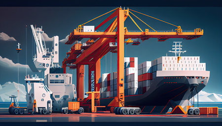 In the international terminal logistic depot sea port idea for freight shipping transportation and service, a smart crane is loading goods with a smart line and a smart wifi World Mariners Day 25 Juneの素材