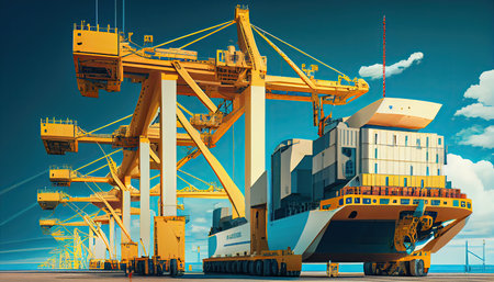 In the international terminal logistic depot sea port idea for freight shipping transportation and service, a smart crane is loading goods with a smart line and a smart wifi World Mariners Day 25 Juneの素材