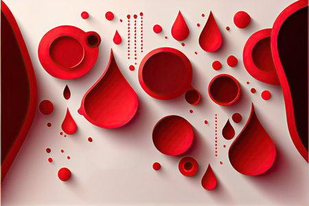 Medical concept header or banner with red abstract paper cut shapes and drops. 14 June World blood donor day. Place for text. Vector illustration. Donation save life. Anemia hemophilia templateの素材