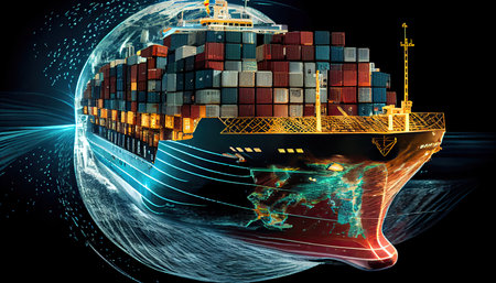 An aerial picture of a cargo ship carrying containers for export and import is shown on a global world. Service for Freight Forwarding World Mariners Day, 25 Juneの素材