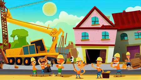 Cartoon scene with construction workers Labor Day and the importance of workers AI Generatedの素材