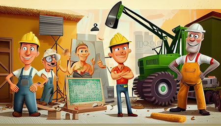 Cartoon scene with construction workers Labor Day and the importance of workers AI Generatedの素材
