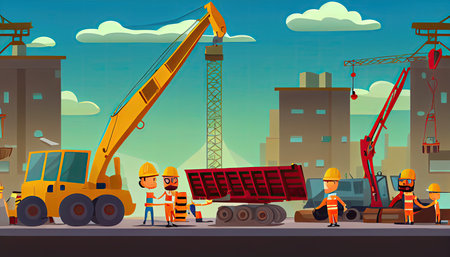 Cartoon scene with construction workers Labor Day and the importance of workers AI Generatedの素材