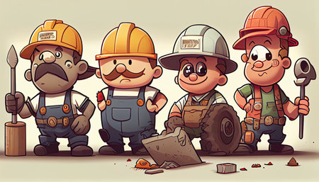 Cartoon scene with construction workers Labor Day and the importance of workers AI Generatedの素材
