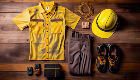 Electrician work uniform items on a wooden background top view Labor Day and the importance of workers AI Generatedの素材