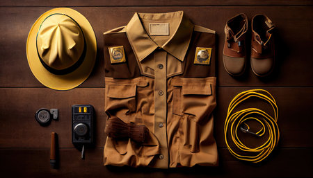 Electrician work uniform items on a wooden background top view Labor Day and the importance of workers AI Generatedの素材