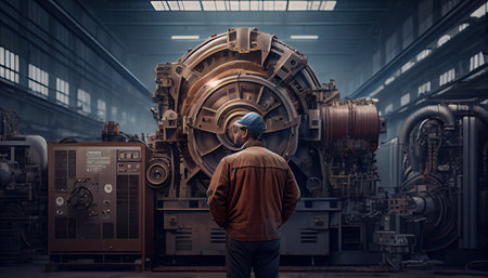 Engineer in a modern factory. Industry 4.0 machine maintenance Labor Day and the importance of workers AI Generatedの素材