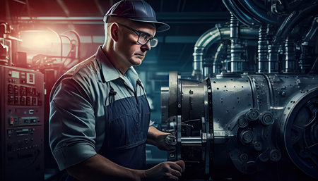 Engineer in a modern factory. Industry 4.0 machine maintenance Labor Day and the importance of workers AI Generatedの素材