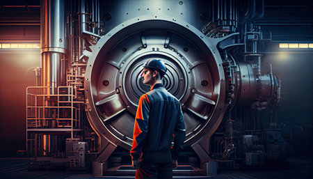 Engineer in a modern factory. Industry 4.0 machine maintenance Labor Day and the importance of workers AI Generatedの素材