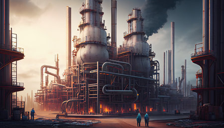 Oil refinery with people at work. Large industrial refinery with intricate pipelines Labor Day and the importance of workersの素材