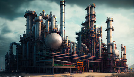 Oil refinery with people at work. Large industrial refinery with intricate pipelines Labor Day and the importance of workersの素材