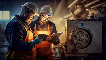 Two workers at an industrial plant with a tablet in hand, working together manufacturing activities Labor Day and the importanc AI Generatedの素材