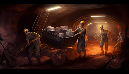 Underground mining Coal mining in mine Miner in underground mine on coal mining work. Mine workers on Underground hardrock mining Hard rock mine equipment and advanced technologies Labor Day AI Generatedの素材