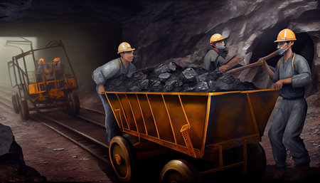 Underground mining Coal mining in mine Miner in underground mine on coal mining work. Mine workers on Underground hardrock mining Hard rock mine equipment and advanced technologies Labor Day AI Generatedの素材
