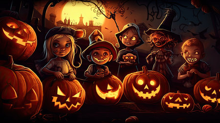Halloween day eyes of Jack O' Lanterns trick or treating Samhain All Hallows' Eve All Saints' Eve All hallowe'en spooky Horror Ghost Demon background October 31 Generative AIの素材