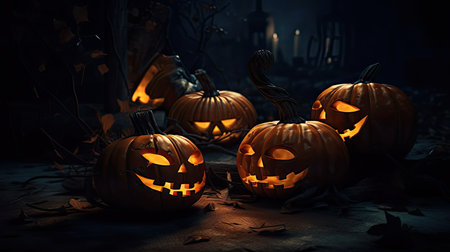 Halloween day eyes of Jack O' Lanterns trick or treating Samhain All Hallows' Eve All Saints' Eve All hallowe'en spooky Horror Ghost Demon background October 31 Generative AIの素材