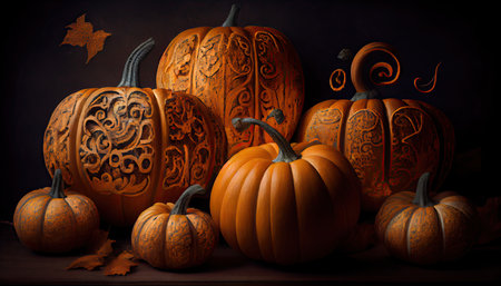 Halloween day eyes of Jack O' Lanterns trick or treating Samhain All Hallows' Eve All Saints' Eve All hallowe'en spooky Horror Ghost Demon background October 31 Generative AIの素材