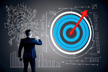 Business and Technology target goals and achievement Businessman draws increase arrow graph corporate future growth year New year resolution statistics graph rising revenueの素材