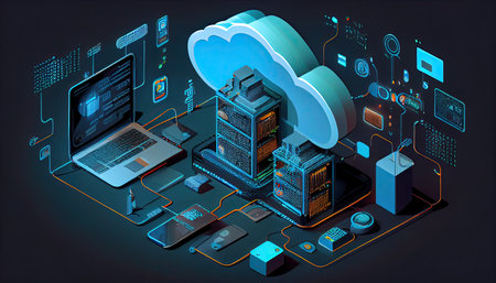 Cloud technology computing Devices connected to digital storage in the data center via the Internet IOT Smart Home Communication laptop tablet phone home devices with an onlineの素材