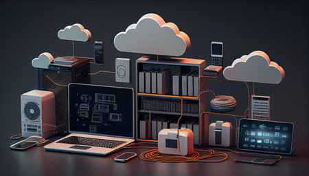 Cloud technology computing Devices connected to digital storage in the data center via the Internet IOT Smart Home Communication laptop tablet phone home devices with an onlineの素材