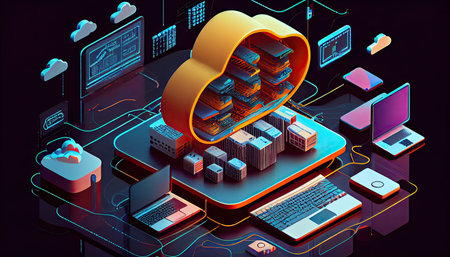 Cloud technology computing Devices connected to digital storage in the data center via the Internet IOT Smart Home Communication laptop tablet phone home devices with an onlineの素材