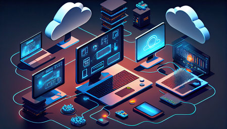 Cloud technology computing Devices connected to digital storage in the data center via the Internet IOT Smart Home Communication laptop tablet phone home devices with an onlineの素材