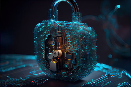 Cyber security network. digital padlock with data protection, technology networking and social networkの素材